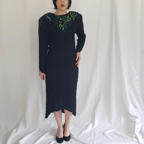80s/90s Black‎ Silk Beaded Dress - Picture 1 of 5